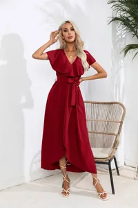 Elegant red ruffle V-neck wrap maxi dress with waist tie for a stylish summer look