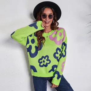 Trendy lime green floral jacquard knit sweater for women with a loose drop shoulder fit
