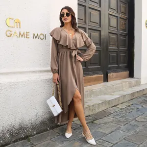Elegant brown ruffle V-neck long-sleeve wrap dress with high slit detail