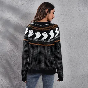 Back view detail of a retro ghost pattern long sleeve knit sweater in black and white