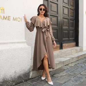 Elegant brown ruffle V-neck maxi dress with long sleeves and front slit for women