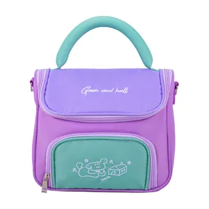 Large capacity purple and mint green portable organizer bag with cartoon dog embroidery
