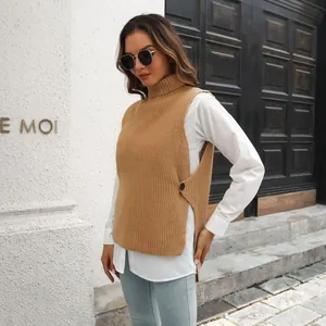 Side view of woman wearing camel high neck knitted vest with button detail