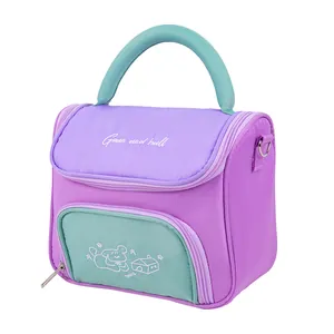 Close-up view of purple and mint green large capacity portable storage vanity bag