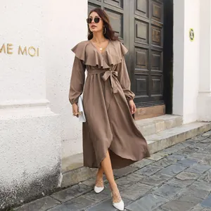 Elegant brown ruffle V-neck long sleeve wrap dress with asymmetrical slit hem