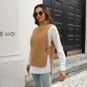 Side view of chic khaki buttoned high neck knit vest layered over a white shirt
