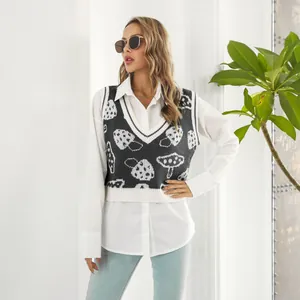 Chaleco de punto gris estilo preppy con lindo jacquard de setas para mujer moderna
