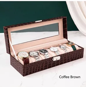 Lussuosa scatola porta orologi in pelle marrone caffè con motivo a coccodrillo