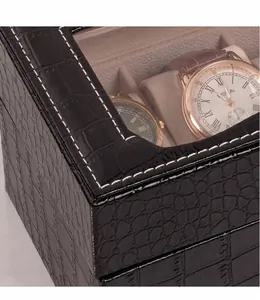 Dettaglio scatola porta orologi in pelle di coccodrillo nera con eleganti cuciture bianche
