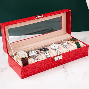 Elegante scatola porta orologi in pelle rossa a coccodrillo con 6 scomparti e vetro