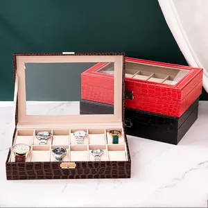 Scatola porta orologi in pelle con motivo a coccodrillo, coperchio in vetro e 10 vani