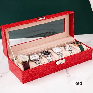 Scatola per orologi in pelle rossa a grana coccodrillo con 6 scomparti e vetro trasparente