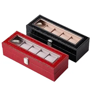 Scatola portaorologi di lusso in pelle di coccodrillo rossa e nera a 5 scomparti