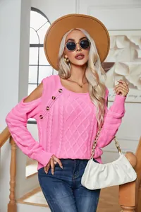 Elegant pink cable knit sweater with button details and cold shoulder design for women.