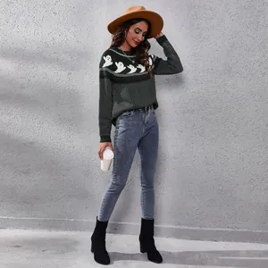 Western style green ghost jacquard long-sleeved sweater with polka dots