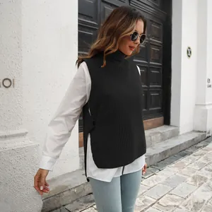 Women's black high-neck knitted vest with side buttons for winter street style fashion