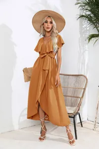 Elegant orange ruffle V-neck wrap maxi dress with bow tie waist for vacation