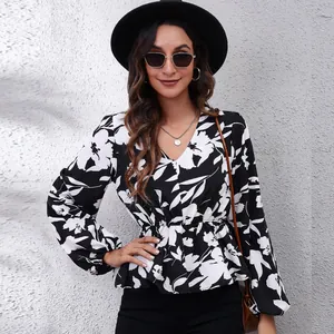Western style floral print V-neck chiffon blouse with lantern sleeves and cinched waist
