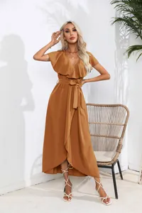 Elegant caramel brown v-neck ruffle sleeveless wrap maxi dress showing front design details