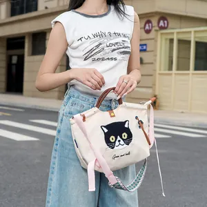 Süße japanische Canvas-Einkaufstasche mit Katzenstickerei für Pendler