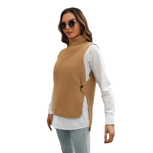 Stylish camel high-neck knitted vest with side button detail for women