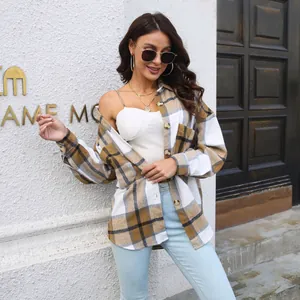 Stylish women's plaid wool-like shacket with long sleeves, perfect for autumn layering.