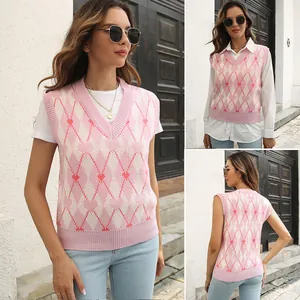 Y2K Argyle Heart Pattern V Neck Knit Vest Top Women Sleeveless Streetwear Vintage Pink White Sweater Knitwear Pullover