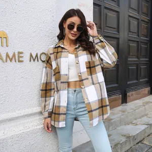 Stylish oversized plaid wool blend shacket in brown and white for autumn fashion