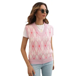 Trendy pink and white Y2K heart jacquard argyle knit vest sweater for women fashion