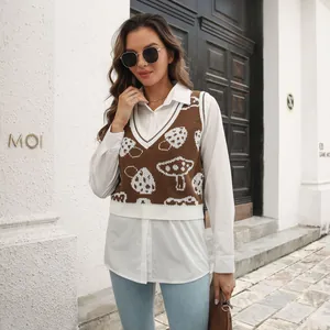 Casual women's brown knit sweater vest featuring white mushroom jacquard for autumn wear.