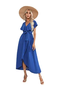 Elegant royal blue sleeveless ruffle V-neck wrap maxi dress with waist belt for women