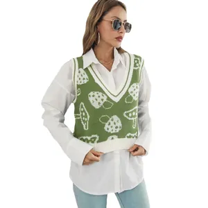 Chaleco de punto para mujer con estampado de jacquard de champiñones estilo preppy