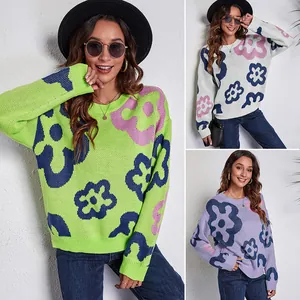 Women Casual Acrylic Floral Jacquard Knitted Sweater Drop Shoulder Loose Round Neck Long Sleeve Top For Autumn Winter Streetwear