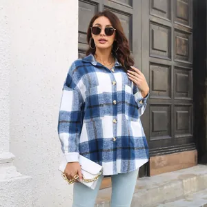 Stylish blue and white plaid long sleeve wool shirt jacket for women for autumn