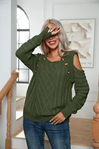 Detailed view of women's army green cable knit sweater with buttons and cold-shoulder cutouts.