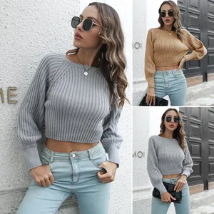 Maglione Corto da Donna a Costine con Maniche Raglan Tinta Unita Manica Lunga Maglia Top Casual Moda Urbana Donna Abbigliamento
