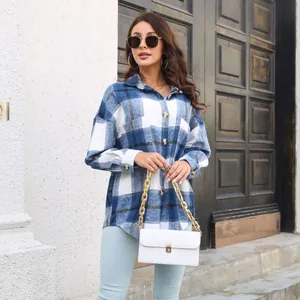 Women's blue and white plaid long sleeve wool shirt jacket detail for autumn and winter