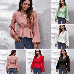 Damen Elegante Chiffonbluse mit V-Ausschnitt und Laternenärmeln Einfarbige Peplum-Taille Slim Fit Langarm-Pullover Top