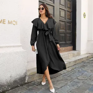 Elegant black ruffle V-neck long sleeve wrap dress with high slit and asymmetric hemline
