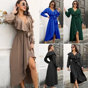 Women Elegant V Neck Ruffle Wrap Dress Long Sleeve High Slit Maxi Dress Solid Color Large Swing Evening Party Dress