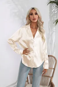 Elegantes champagnerfarbenes Satin-Langarmhemd für Damen mit Reverskragen