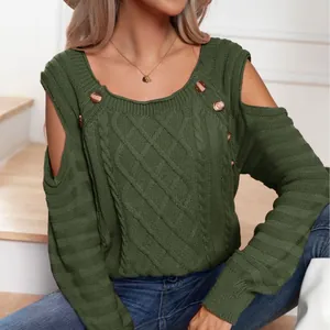 Fashionable dark green cable knit sweater with square neck and cold shoulder button detail