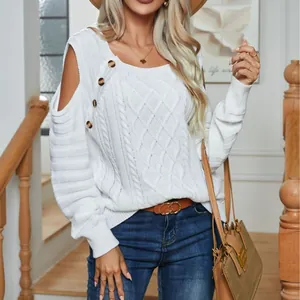 Elegant white cable-knit cold-shoulder sweater with decorative buttons and square neck