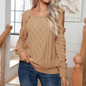 Elegant camel-colored cable knit cold shoulder sweater with square neck and button details