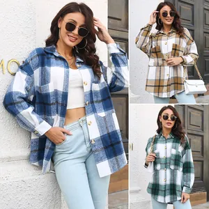 Women Plaid Woolen Shacket Mid-Length Oversized Shirt Coat Loose Long Sleeve Single-Breasted Outerwear With Pockets For Fall
