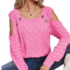 Women's pink cable-knit sweater with square neck, cold shoulder, and decorative buttons