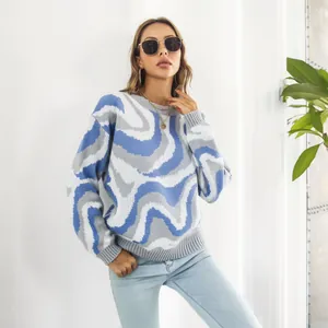 Loose fit women's knit sweater with blue and grey swirl pattern for casual style