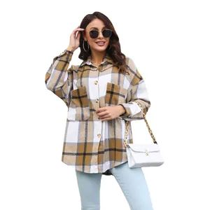 Fashionable plaid wool blend shacket for women with long sleeves and front pockets