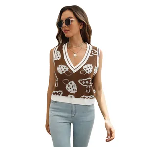 Women's stylish brown knitted vest featuring white mushroom pattern and V-neck line