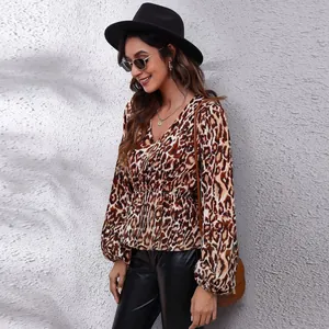 Stylish leopard print chiffon blouse with V-neck and lantern sleeves for women outfit